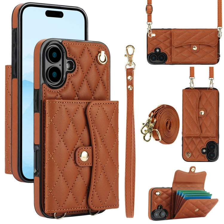 For iPhone 16 Plus Crossbody Rhombic Horizontal Wallet Leather Phone Case(Brown) - iPhone 16 Plus Cases by PMC Jewellery | Online Shopping South Africa | PMC Jewellery | Buy Now Pay Later Mobicred