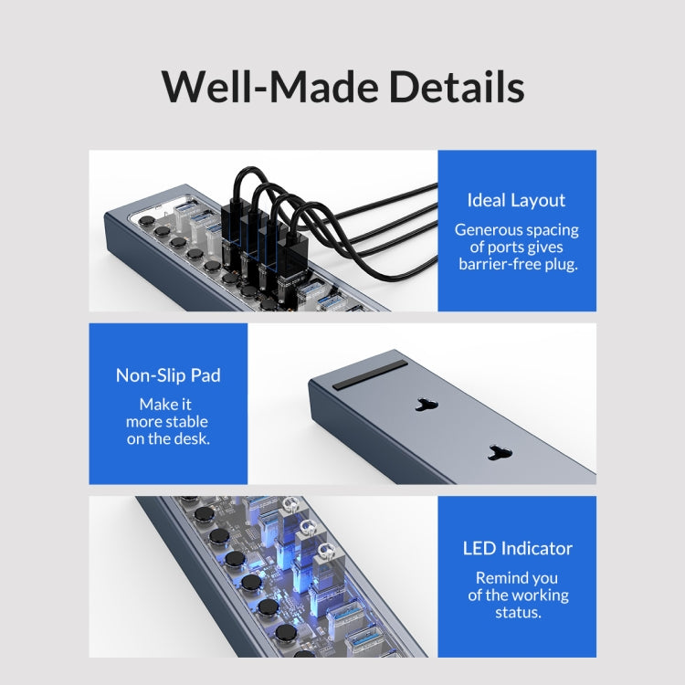 ORICO AT2U3-16AB-GY-BP 16 Ports USB 3.0 HUB with Individual Switches & Blue LED Indicator(EU Plug) - USB 3.0 HUB by ORICO | Online Shopping South Africa | PMC Jewellery | Buy Now Pay Later Mobicred