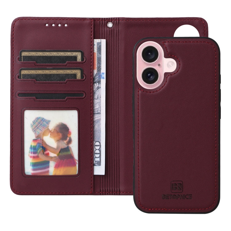 For iPhone 16 BETOPNICE BN-005 2 in 1 Detachable Imitate Genuine Leather Phone Case(Wine Red) - iPhone 16 Cases by BETOPNICE | Online Shopping South Africa | PMC Jewellery | Buy Now Pay Later Mobicred