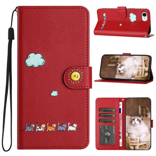 For iPhone 16e Cartoon Cats Leather Phone Case(Red) - iPhone 16e Cases by PMC Jewellery | Online Shopping South Africa | PMC Jewellery | Buy Now Pay Later Mobicred