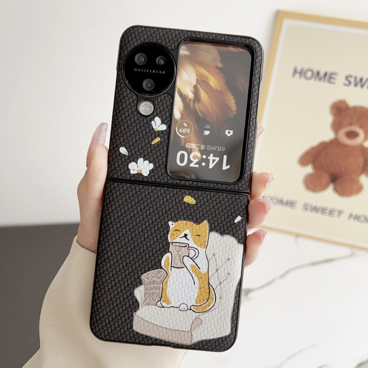For OPPO Find N3 Flip Braided Texture Colored Drawing Pattern Phone Case(Black Coffee Cat) - OPPO Cases by PMC TechLife | Online Shopping South Africa | PMC TechLife | Buy Now Pay Later Mobicred