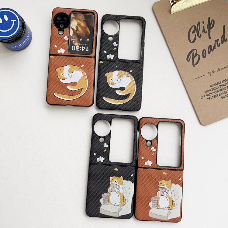 For OPPO Find N3 Flip Braided Texture Colored Drawing Pattern Phone Case(Black Coffee Cat) - OPPO Cases by PMC TechLife | Online Shopping South Africa | PMC TechLife | Buy Now Pay Later Mobicred