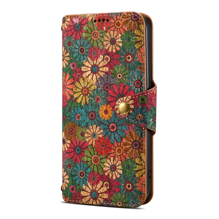 For iPhone 16 Plus Denior Flower Language Series Cork Fabric Oil Edge Leather Phone Case(Spring) - iPhone 16 Plus Cases by Denior | Online Shopping South Africa | PMC Jewellery | Buy Now Pay Later Mobicred