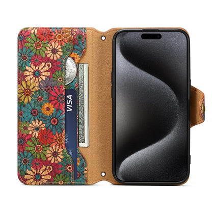 For iPhone 16 Plus Denior Flower Language Series Cork Fabric Oil Edge Leather Phone Case(Spring) - iPhone 16 Plus Cases by Denior | Online Shopping South Africa | PMC Jewellery | Buy Now Pay Later Mobicred