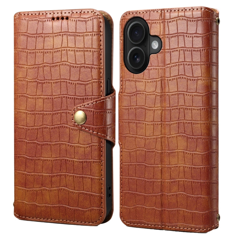 For iPhone 16 Denior Crocodile Texture Oil Edge Leather Phone Case(Brown) - iPhone 16 Cases by Denior | Online Shopping South Africa | PMC Jewellery | Buy Now Pay Later Mobicred