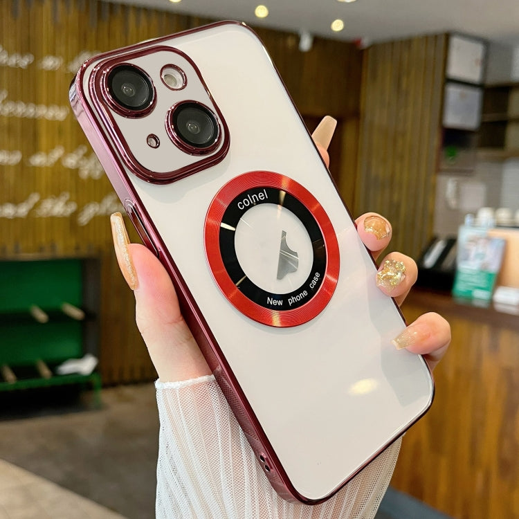 For iPhone 15 Transparent Electroplated PC MagSafe Phone Case(Wine Red) - iPhone 15 Cases by PMC Jewellery | Online Shopping South Africa | PMC Jewellery