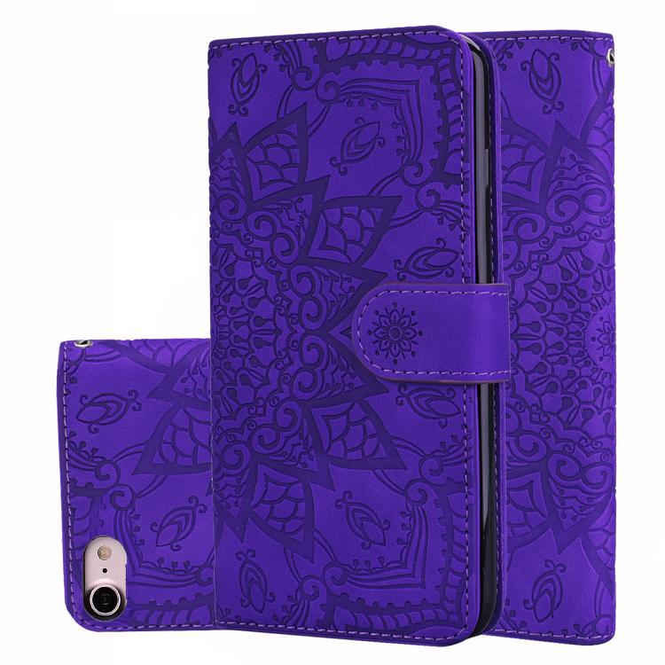 For iPhone 16e Mandala Embossed Dual-Fold Calf Leather Phone Case(Purple) - iPhone 16e Cases by PMC TechLife | Online Shopping South Africa | PMC TechLife | Buy Now Pay Later Mobicred