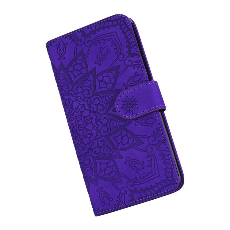 For iPhone 16e Mandala Embossed Dual-Fold Calf Leather Phone Case(Purple) - iPhone 16e Cases by PMC TechLife | Online Shopping South Africa | PMC TechLife | Buy Now Pay Later Mobicred