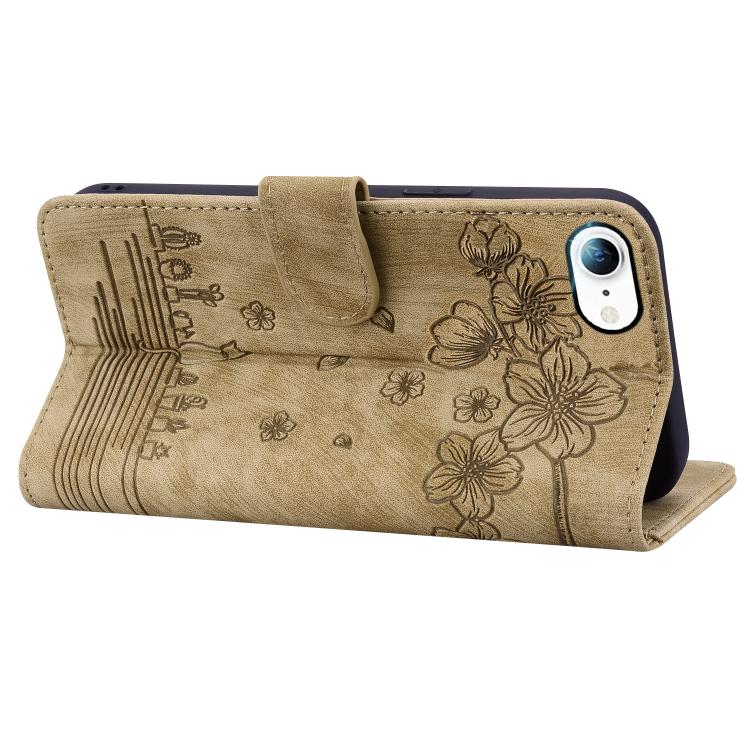For iPhone 16e Cartoon Sakura Cat Embossed Leather Phone Case(Brown) - iPhone 16e Cases by PMC TechLife | Online Shopping South Africa | PMC TechLife | Buy Now Pay Later Mobicred