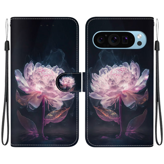 For Google Pixel 9 Pro Crystal Texture Colored Drawing Leather Phone Case(Purple Peony) - Google Cases by PMC Jewellery | Online Shopping South Africa | PMC Jewellery | Buy Now Pay Later Mobicred