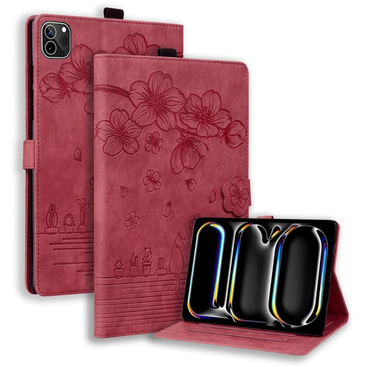 For iPad Pro 13 2024 Cartoon Sakura Cat Embossed Smart Leather Tablet Case(Red) - iPad Pro 13 2024 Cases by PMC TechLife | Online Shopping South Africa | PMC TechLife | Buy Now Pay Later Mobicred