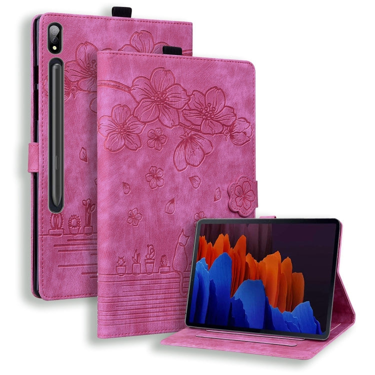 For Samsung Galaxy Tab S9 /S8 /S7 Cartoon Sakura Cat Embossed Smart Leather Tablet Case(Rose Red) - Galaxy Tab S9 Cases by PMC Jewellery | Online Shopping South Africa | PMC Jewellery | Buy Now Pay Later Mobicred