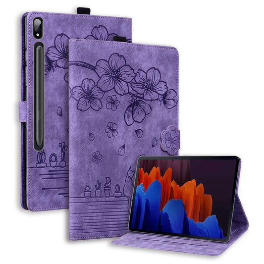 For Samsung Galaxy Tab S9 /S8 /S7 Cartoon Sakura Cat Embossed Smart Leather Tablet Case(Purple) - Galaxy Tab S9 Cases by PMC Jewellery | Online Shopping South Africa | PMC Jewellery | Buy Now Pay Later Mobicred