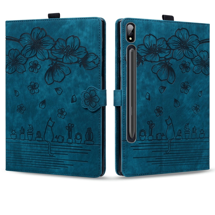 For Samsung Galaxy Tab S9 Ultra /S8 Ultra Cartoon Sakura Cat Embossed Leather Tablet Case(Blue) - free shipping - PMC Jewellery - Order now!