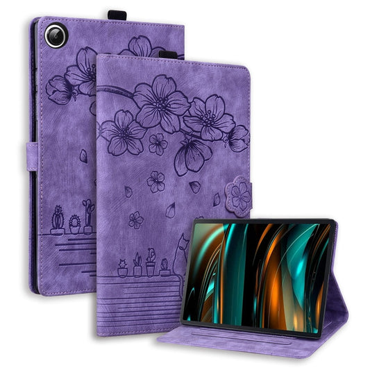 For Samsung Galaxy Tab A9 Cartoon Sakura Cat Embossed Leather Tablet Case(Purple) - Galaxy Tab A9 by PMC Jewellery | Online Shopping South Africa | PMC Jewellery