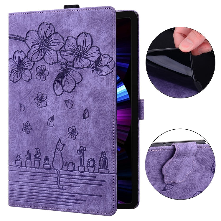 For Samsung Galaxy Tab S9 FE Cartoon Sakura Cat Embossed Leather Tablet Case(Purple) - Galaxy Tab S9 FE by PMC Jewellery | Online Shopping South Africa | PMC Jewellery | Buy Now Pay Later Mobicred