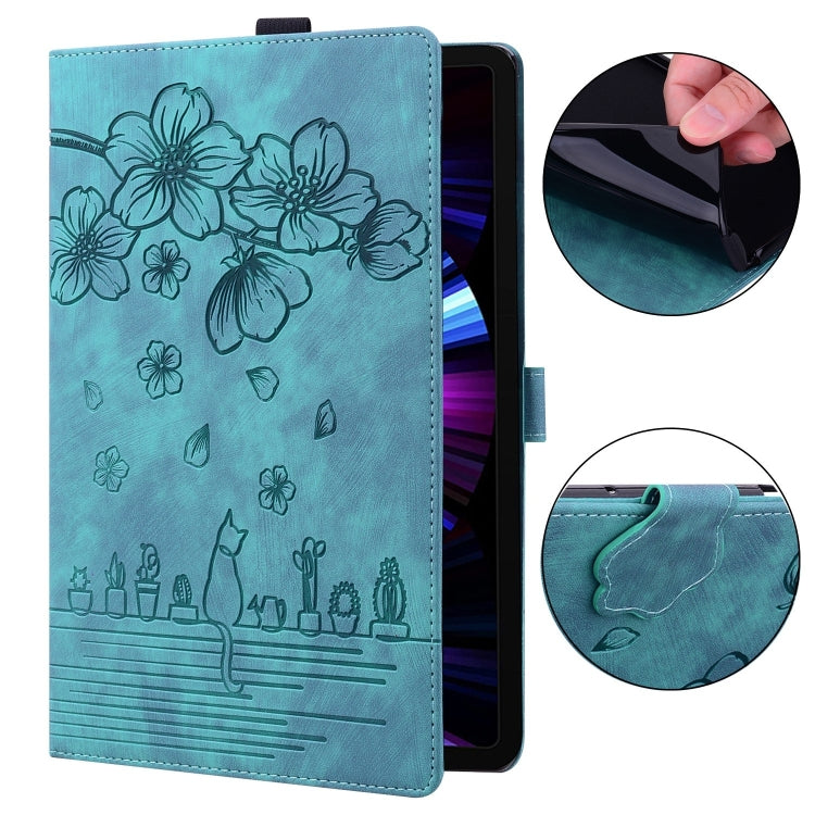 For Samsung Galaxy Tab S9 FE+ Cartoon Sakura Cat Embossed Leather Tablet Case(Green) - Galaxy Tab S9 FE+ by PMC Jewellery | Online Shopping South Africa | PMC Jewellery | Buy Now Pay Later Mobicred