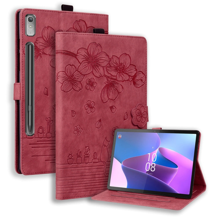 For Lenovo Tab P12 12.7 Cartoon Sakura Cat Embossed Leather Tablet Case(Red) - Lenovo by PMC TechLife | Online Shopping South Africa | PMC TechLife | Buy Now Pay Later Mobicred