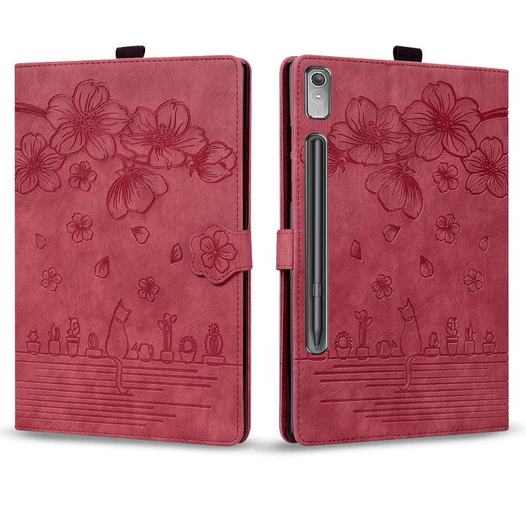 For Lenovo Tab P12 12.7 Cartoon Sakura Cat Embossed Leather Tablet Case(Red) - Lenovo by PMC TechLife | Online Shopping South Africa | PMC TechLife | Buy Now Pay Later Mobicred