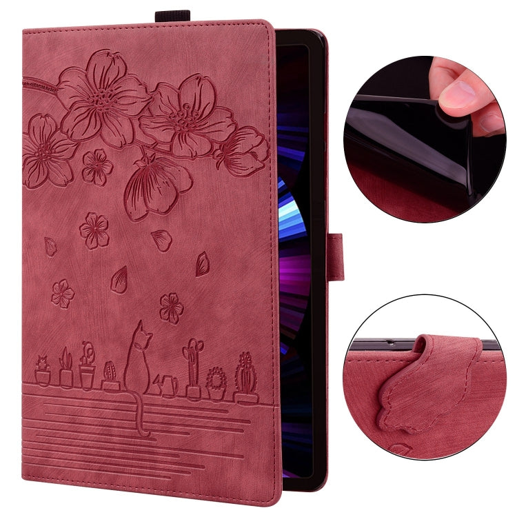 For Lenovo Tab P12 12.7 Cartoon Sakura Cat Embossed Leather Tablet Case(Red) - Lenovo by PMC TechLife | Online Shopping South Africa | PMC TechLife | Buy Now Pay Later Mobicred