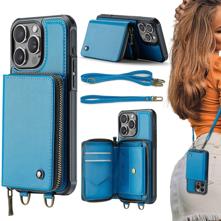 For iPhone 16 Pro JEEHOOD C22 Series Zipper Wallet Leather Phone Case with Dual Lanyard(Blue) - iPhone 16 Pro Cases by JEEHOOD | Online Shopping South Africa | PMC Jewellery | Buy Now Pay Later Mobicred