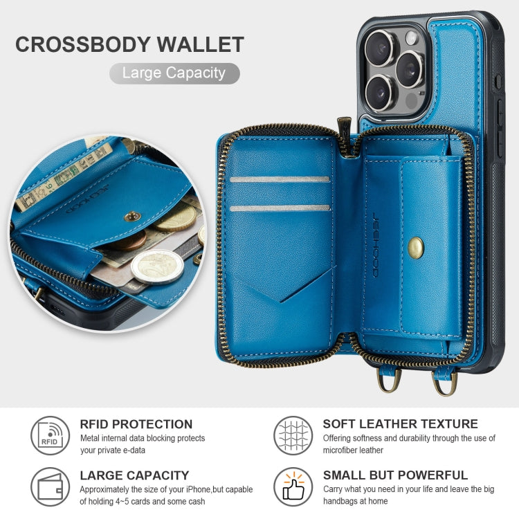 For iPhone 16 Pro JEEHOOD C22 Series Zipper Wallet Leather Phone Case with Dual Lanyard(Blue) - iPhone 16 Pro Cases by JEEHOOD | Online Shopping South Africa | PMC Jewellery | Buy Now Pay Later Mobicred