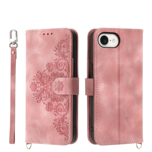 For iPhone 16e Skin-feel Flowers Embossed Wallet Leather Phone Case(Pink) - iPhone 16e Cases by PMC Jewellery | Online Shopping South Africa | PMC Jewellery | Buy Now Pay Later Mobicred