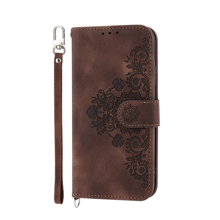 For iPhone 16e Skin-feel Flowers Embossed Wallet Leather Phone Case(Brown) - iPhone 16e Cases by PMC TechLife | Online Shopping South Africa | PMC TechLife | Buy Now Pay Later Mobicred