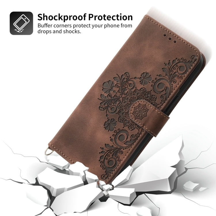 For iPhone 16e Skin-feel Flowers Embossed Wallet Leather Phone Case(Brown) - iPhone 16e Cases by PMC TechLife | Online Shopping South Africa | PMC TechLife | Buy Now Pay Later Mobicred