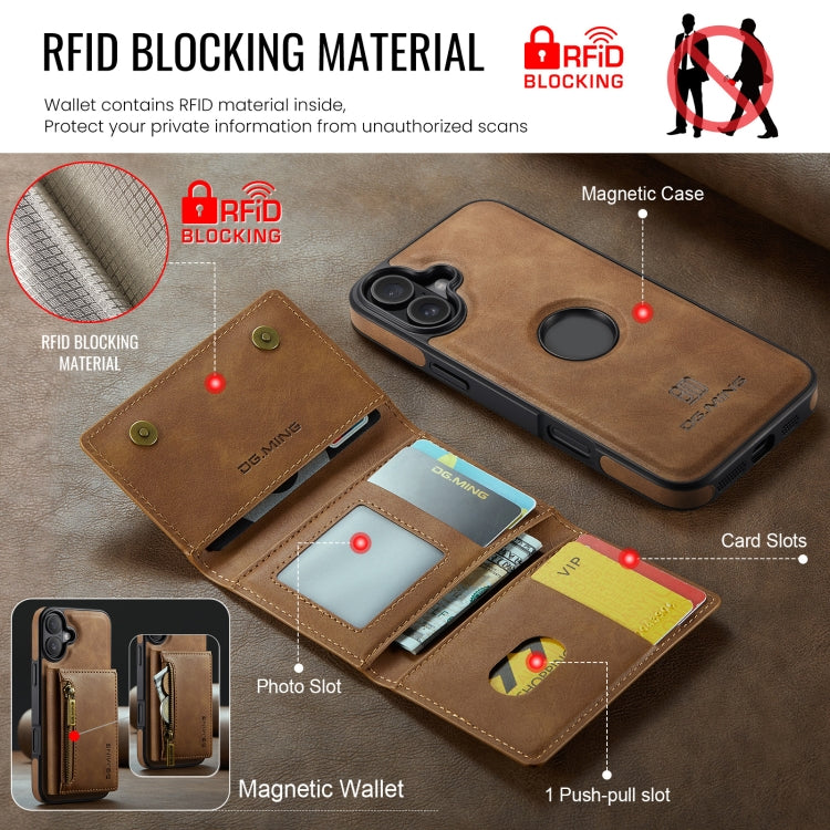 For iPhone 16 DG.MING M5 Series Zip RFID Multi Card Detachable Leather Phone Case(Brown) - iPhone 16 Cases by DG.MING | Online Shopping South Africa | PMC Jewellery | Buy Now Pay Later Mobicred