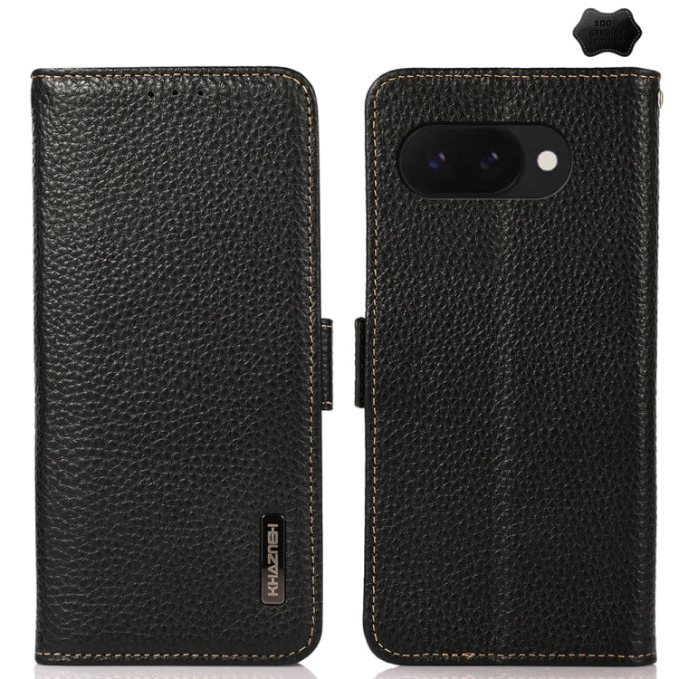 For Google Pixel 9a KHAZNEH Side-Magnetic Litchi Genuine Leather RFID Phone Case(Black) - Google Cases by PMC TechLife | Online Shopping South Africa | PMC TechLife | Buy Now Pay Later Mobicred