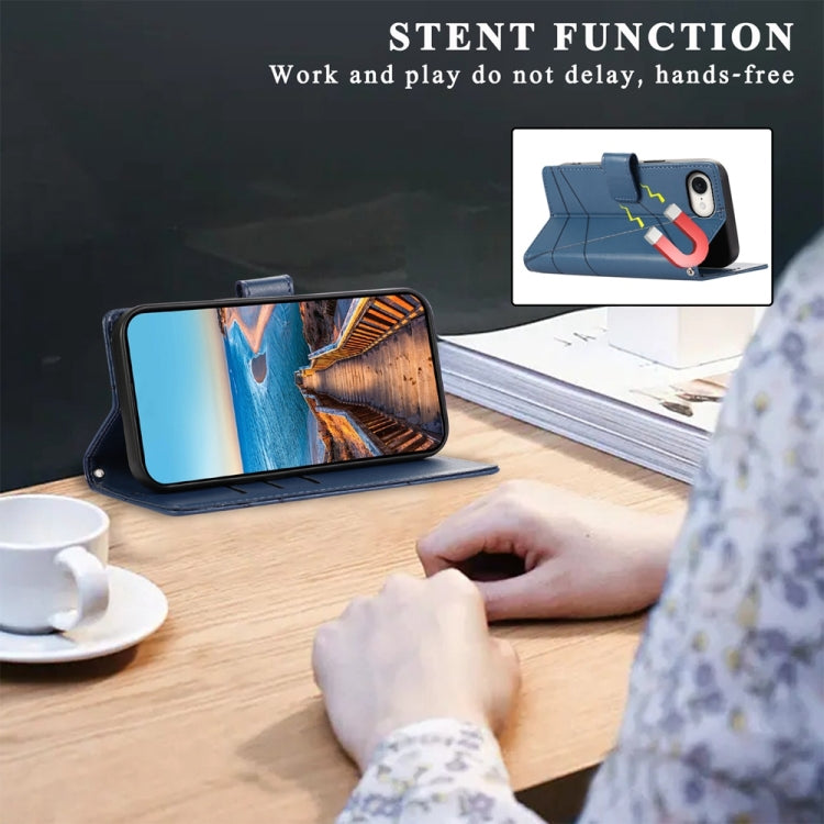 For iPhone 16e PU Genuine Leather Texture Embossed Line Phone Case(Blue) - iPhone 16e Cases by PMC TechLife | Online Shopping South Africa | PMC TechLife | Buy Now Pay Later Mobicred