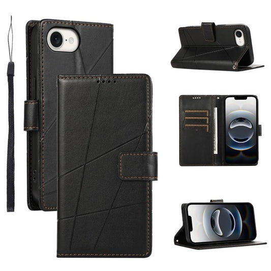 For iPhone 16e PU Genuine Leather Texture Embossed Line Phone Case(Black) - iPhone 16e Cases by PMC Jewellery | Online Shopping South Africa | PMC Jewellery | Buy Now Pay Later Mobicred