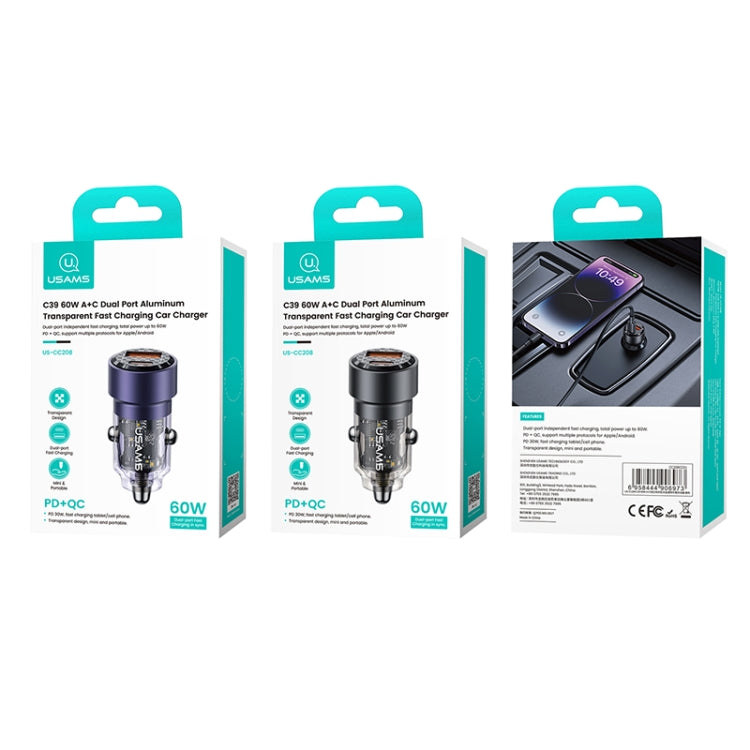 USAMS US-CC208 C39 60W USB + Type-C Dual Port Fast Charging Aluminum Alloy Transparent Car Charger(Purple) - Car Charger by USAMS | Online Shopping South Africa | PMC Jewellery | Buy Now Pay Later Mobicred