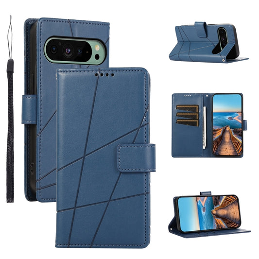 For Google Pixel 9 PU Genuine Leather Texture Embossed Line Phone Case(Blue) - Google Cases by PMC Jewellery | Online Shopping South Africa | PMC Jewellery | Buy Now Pay Later Mobicred