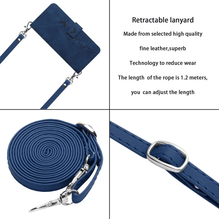 For OPPO Reno11 Pro Global Skin Feel Heart Embossed Leather Phone Case with Long Lanyard(Blue) - Reno11 Pro Cases by PMC Jewellery | Online Shopping South Africa | PMC Jewellery | Buy Now Pay Later Mobicred