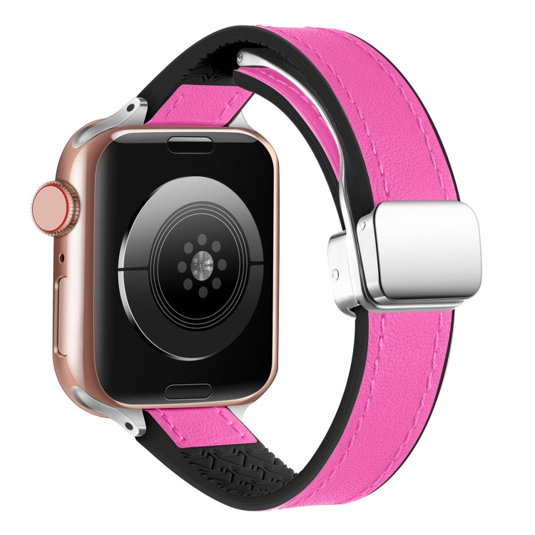 For Apple Watch Series 9 41mm Magnetic Folding Leather Silicone Watch Band(Rose Pink on Black) - Watch Bands by PMC Jewellery | Online Shopping South Africa | PMC Jewellery