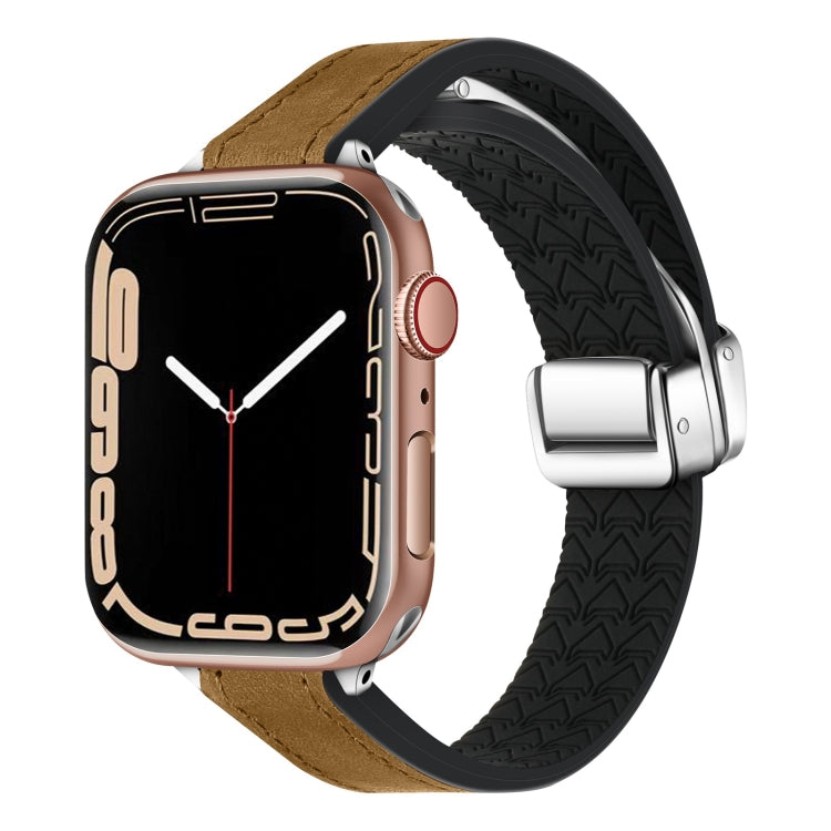 For Apple Watch Series 8 41mm Magnetic Folding Leather Silicone Watch Band(Crazy Horse Brown) - Watch Bands by PMC Jewellery | Online Shopping South Africa | PMC Jewellery