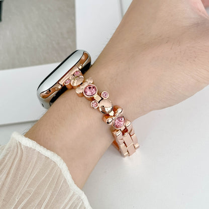 For Apple Watch Series 8 45mm Metal Diamond Bear Chain Watch Band(Rose Gold) - Watch Bands by PMC Jewellery | Online Shopping South Africa | PMC Jewellery