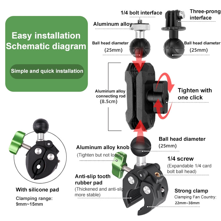 RUIGPRO Crab Clamp Action Camera Bracket 1/4 Ball Head Mount with Rod - Holder by RUIGPRO | Online Shopping South Africa | PMC TechLife | Buy Now Pay Later Mobicred