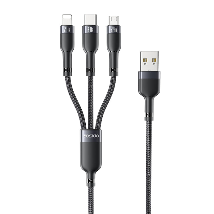 Yesido CA91 3A 3 in 1 USB to 8 Pin+USB-C/Type-C+Micro USB Aluminum Alloy Data Cable, Length: 1m(Black) - Multifunction Cable by Yesido | Online Shopping South Africa | PMC Jewellery | Buy Now Pay Later Mobicred