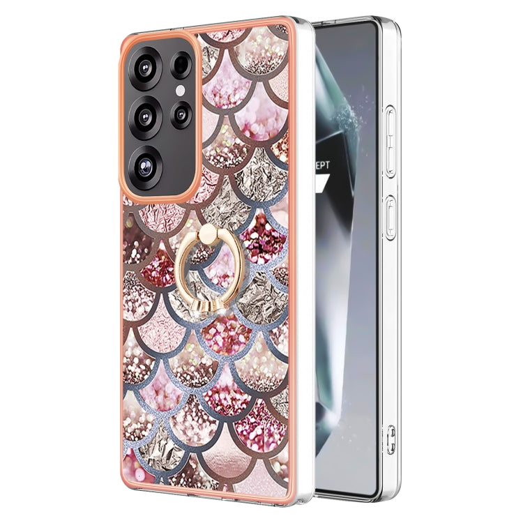 For Samsung Galaxy S25 Ultra 5G Electroplating Pattern IMD TPU Shockproof Case with Rhinestone Ring Holder(Pink Scales) - Galaxy S25 Ultra 5G Cases by PMC Jewellery | Online Shopping South Africa | PMC Jewellery | Buy Now Pay Later Mobicred