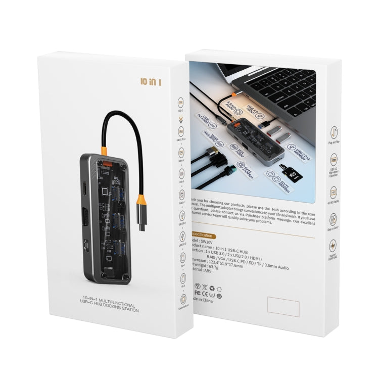 SW10V 10 in 1 Type-C to USB + HDMI + VGA + RJ45 + SD/TF + Audio 3.5 HUB Docking Station(Grey) - USB HUB by PMC Jewellery | Online Shopping South Africa | PMC Jewellery | Buy Now Pay Later Mobicred