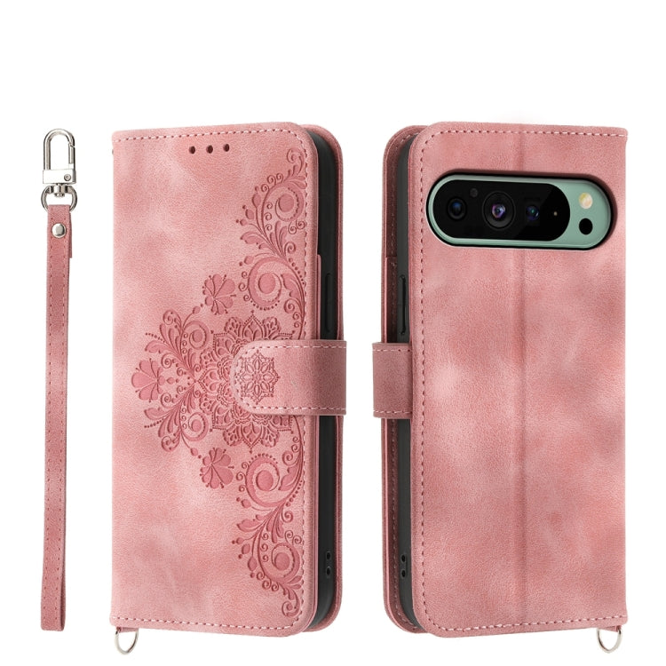 For Google Pixel 9 Skin-feel Flowers Embossed Wallet Leather Phone Case(Pink) - Google Cases by PMC Jewellery | Online Shopping South Africa | PMC Jewellery | Buy Now Pay Later Mobicred