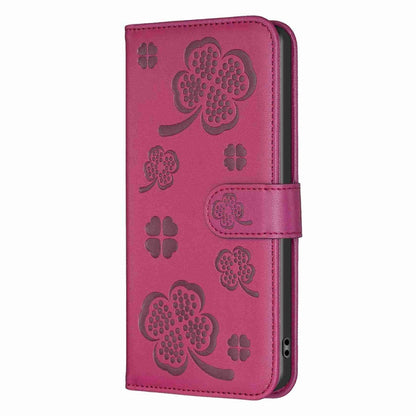 For Xiaomi Redmi Note 12 Pro+ 5G Global Four-leaf Embossed Leather Phone Case(Rose Red) - Xiaomi Cases by PMC Jewellery | Online Shopping South Africa | PMC Jewellery | Buy Now Pay Later Mobicred