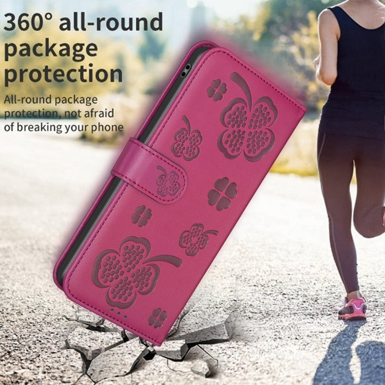 For Xiaomi Redmi A3 Four-leaf Embossed Leather Phone Case(Rose Red) - Xiaomi Cases by PMC TechLife | Online Shopping South Africa | PMC TechLife | Buy Now Pay Later Mobicred