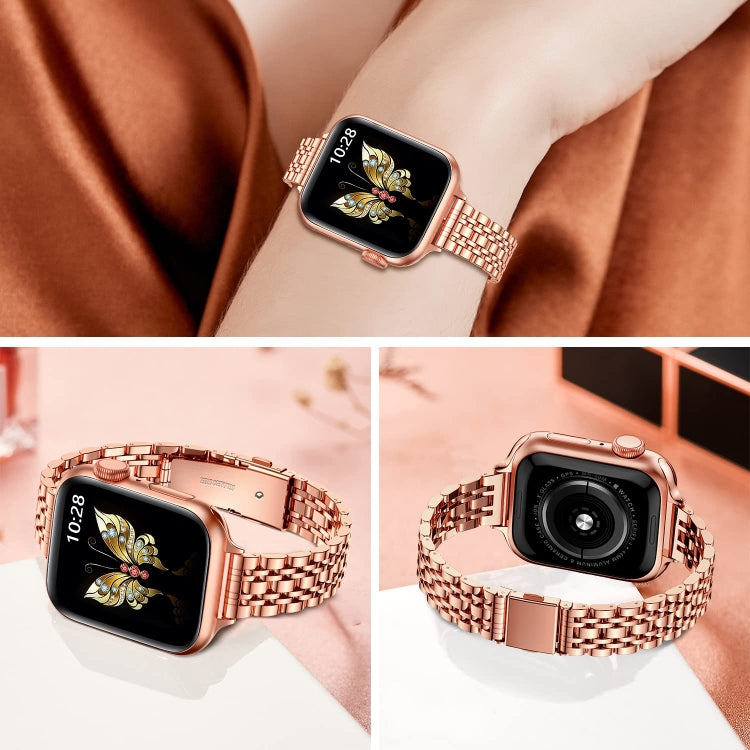 For Apple Watch Series 7 41mm Slim Seven Bead Slingshot Buckle Metal Watch Band(Rose Gold) - Watch Bands by PMC Jewellery | Online Shopping South Africa | PMC Jewellery