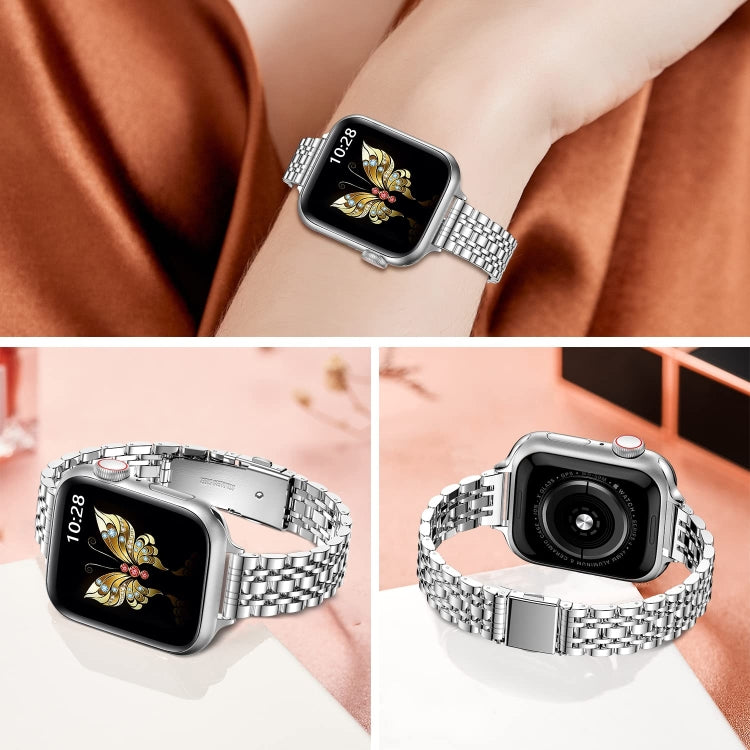 For Apple Watch 38mm Slim Seven Bead Slingshot Buckle Metal Watch Band(Silver) - Watch Bands by PMC Jewellery | Online Shopping South Africa | PMC Jewellery