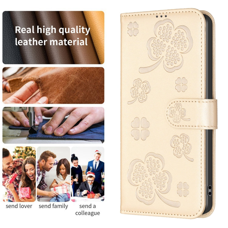 For iPhone 16 Plus Four-leaf Embossed Leather Phone Case(Gold) - iPhone 16 Plus Cases by PMC TechLife | Online Shopping South Africa | PMC TechLife | Buy Now Pay Later Mobicred
