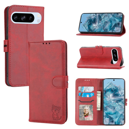 For Google Pixel 9 Pro Embossed Happy Cat Pattern Flip Leather Phone Case(Red) - Google Cases by PMC Jewellery | Online Shopping South Africa | PMC Jewellery | Buy Now Pay Later Mobicred